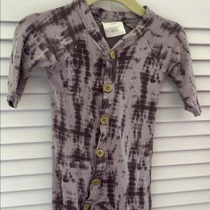 Kate Quinn purple shibari footie with wooden buttons 0-3 mos bamboo